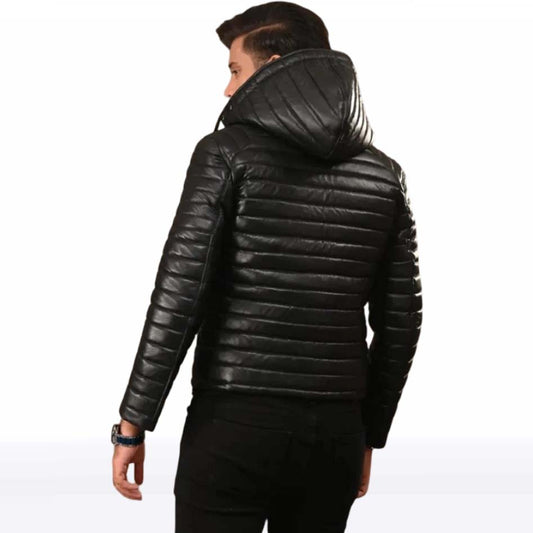 Men’s Black Puffer Leather Biker Jacket with Hood