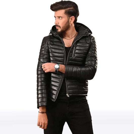 Men’s Black Puffer Leather Biker Jacket with Hood