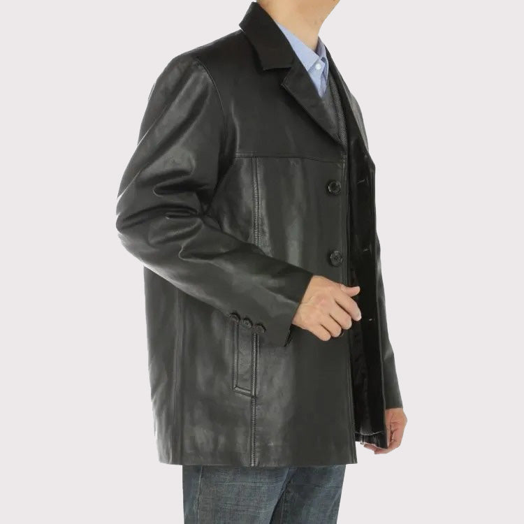 Black Lambskin Leather Overcoat Blazer Jacket for Men