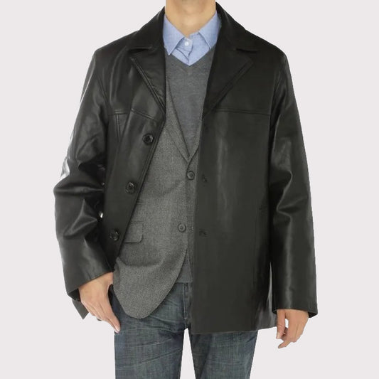 Black Lambskin Leather Overcoat Blazer Jacket