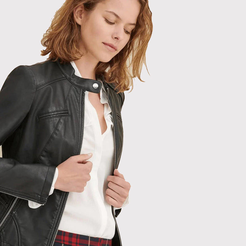 black leather jacket women closeup