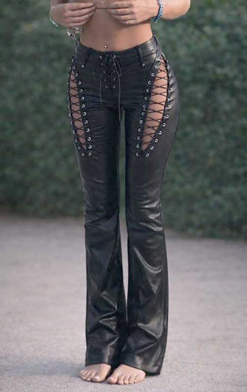 Womens Black Leather Lace Up High Waist Pants