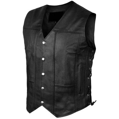 Black Leather Motorcycle Biker Vest with 10 Pockets