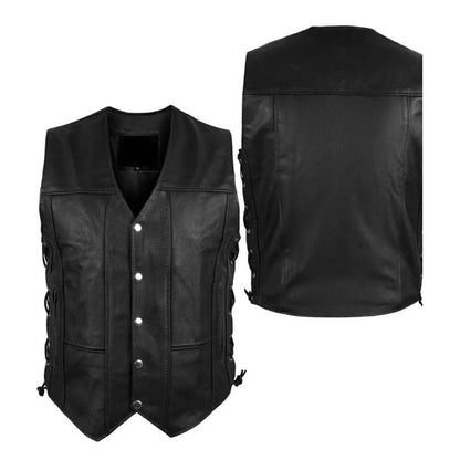 Black Leather Motorcycle Biker Vest with 10 Pockets