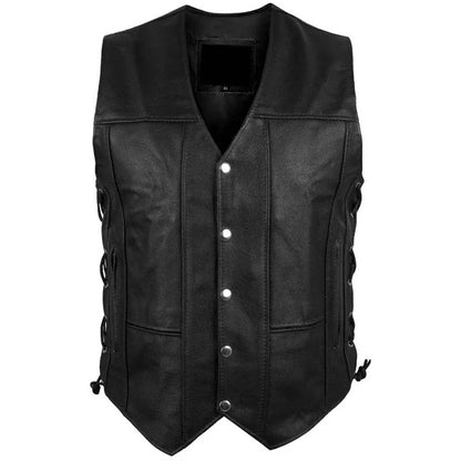 Black Leather Motorcycle Biker Vest with 10 Pockets