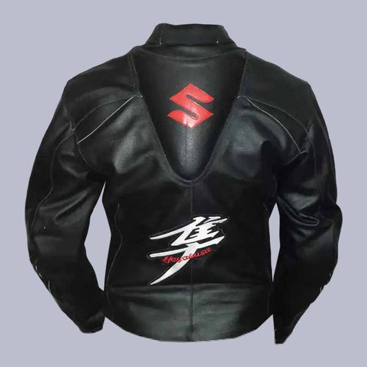 Rear view of Suzuki Hayabusa leather jacket with aerodynamic speed hump