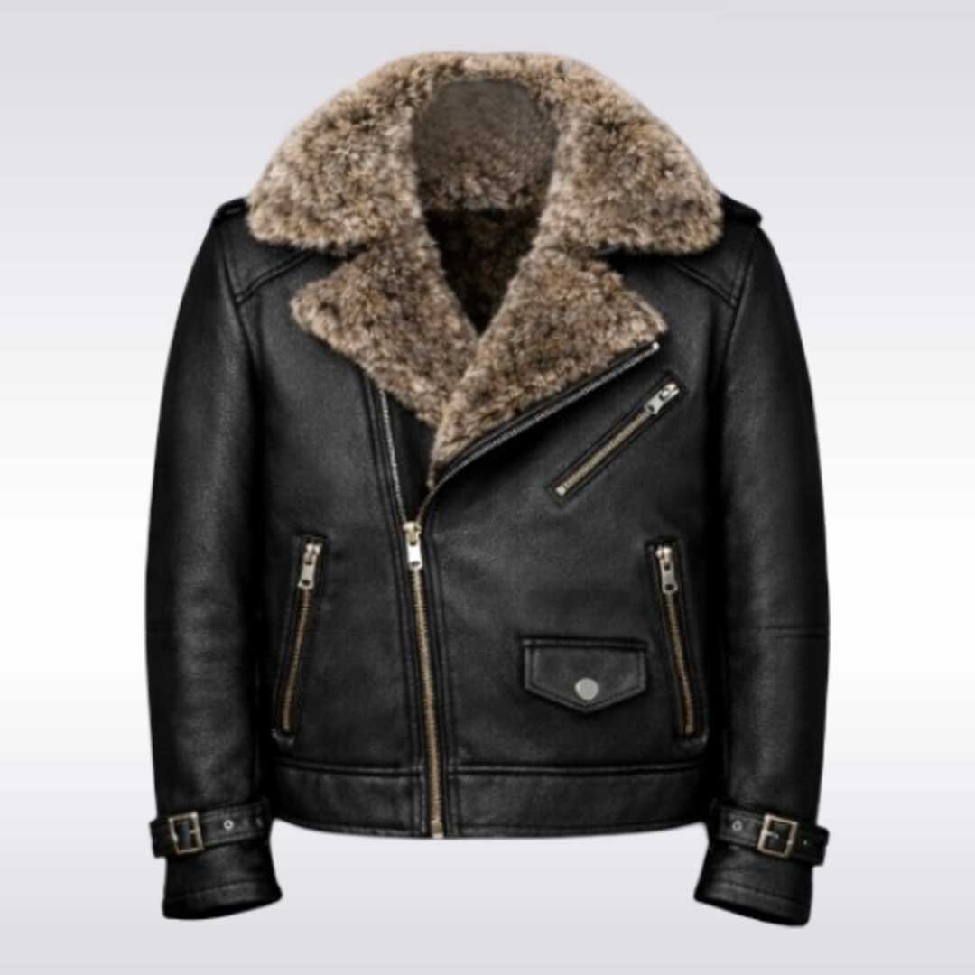 Men's Black Leather Sherpa Biker Jacket