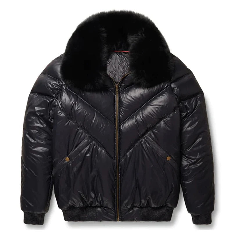 Black Leather V-Bomber Sheepskin Jacket for Men