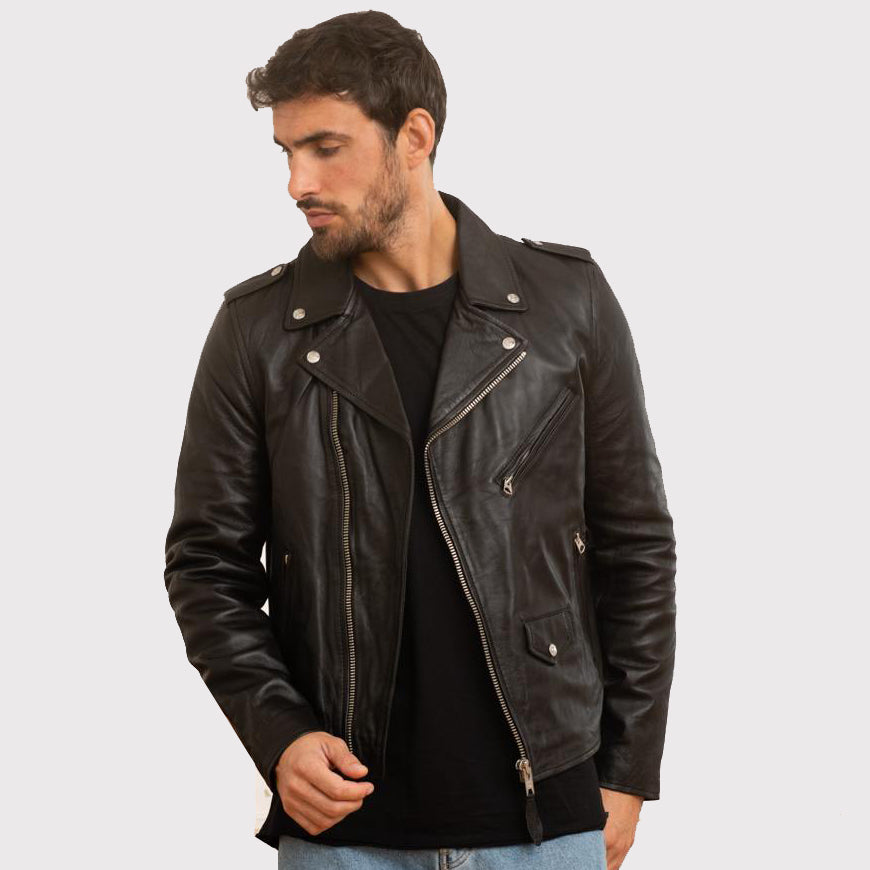 Black Men's Leather Biker Jacket - Edgy Elegance