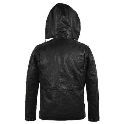 Black Military M-65 Hood Leather Jacket