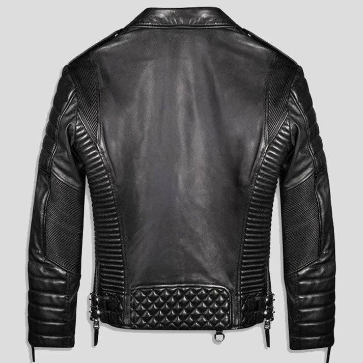 Black Quilted Biker Leather Motorcycle Jacket For Men