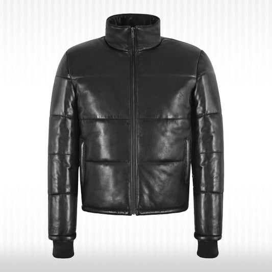 Black Real Leather Puffer Jacket - Short Padded Winter Jacket
