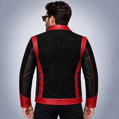 Handmade black red steampunk leather jacket with buckle straps