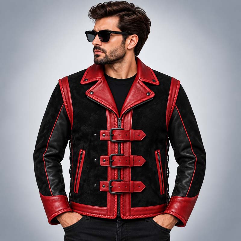 Men's black and red genuine leather gothic biker jacket