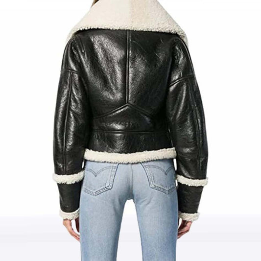 Black Shearling B3 Leather Jacket for Women with Oversized Collar