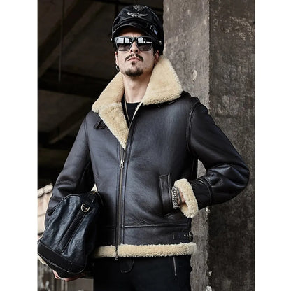 Black Sheepskin Shearling Jacket - B3 Airforce Flight Coat