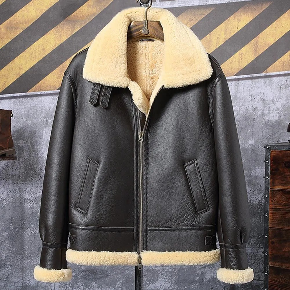 Black Sheepskin Shearling Jacket - B3 Airforce Flight Coat