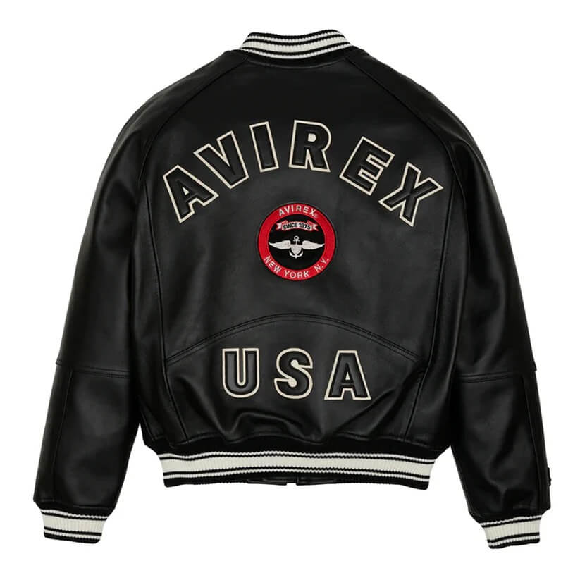 Black Striped Collar Varsity Bomber Avirex Leather Jacket