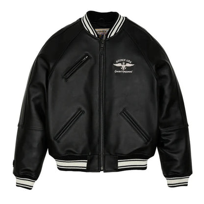 Black Striped Collar Varsity Bomber Avirex Leather Jacket