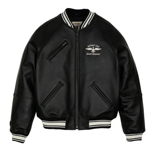 Black Striped Collar Varsity Bomber Avirex Leather Jacket