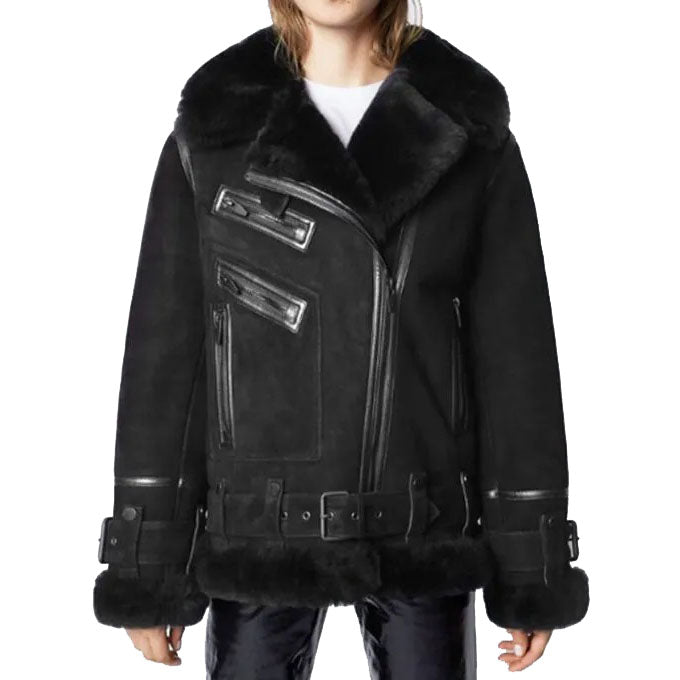 Black Suede Shearling Leather Jacket for Women