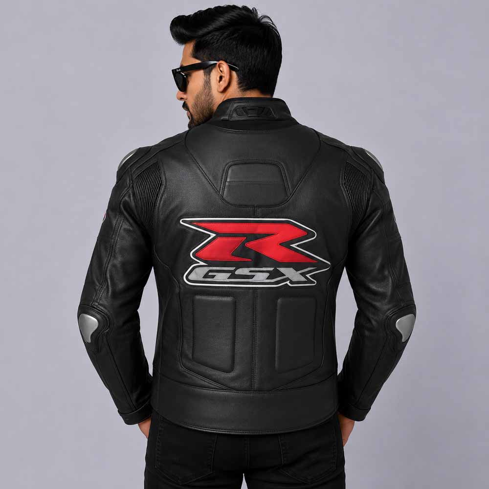 Men's Black Suzuki Racing Jacket in Genuine Leather with Performance Fit