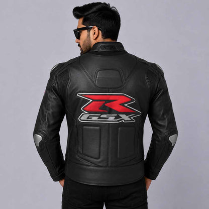 Men's Black Suzuki Racing Jacket in Genuine Leather with Performance Fit