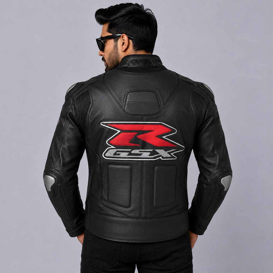 Men's Black Suzuki Racing Jacket in Genuine Leather with Performance Fit