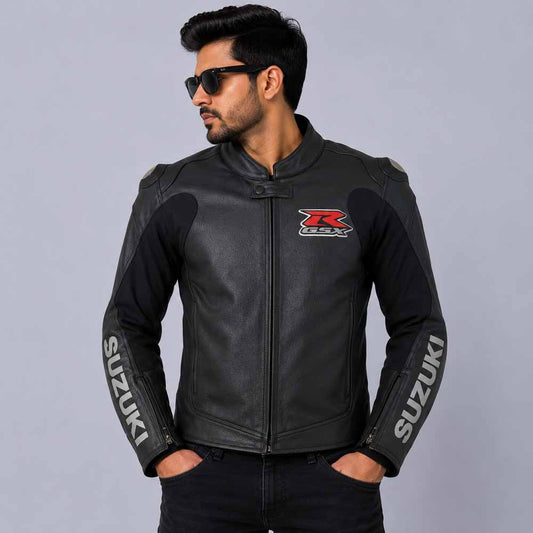 Men's Black Suzuki Racing Jacket in Genuine Leather with Performance Fit