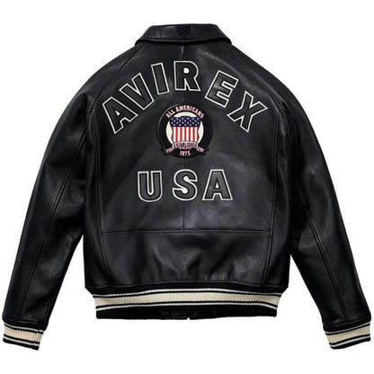 Black Varsity Bomber Letterman Avirex Leather Jacket