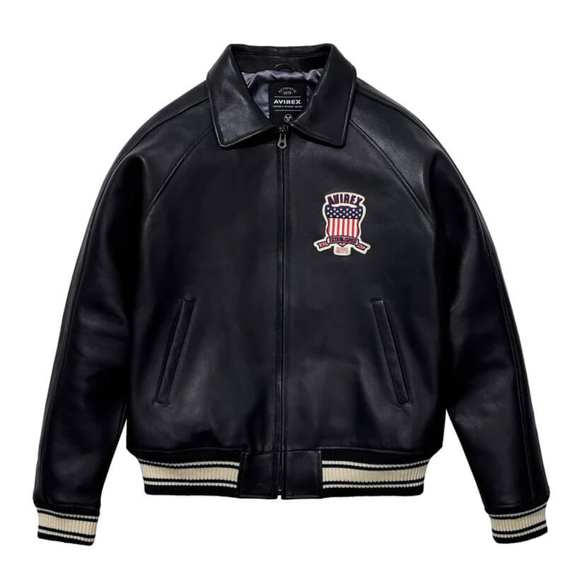 Black Varsity Bomber Letterman Avirex Leather Jacket