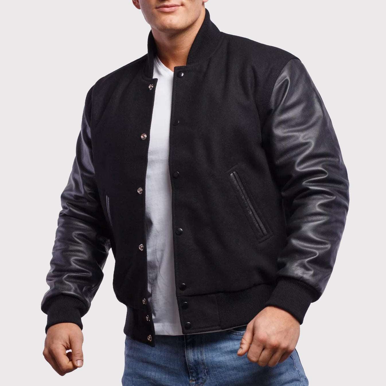 Stylish Black Wool & Leather Letterman Jacket