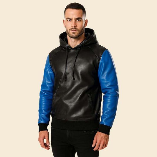 New blue and black leather hoodie jacket made from genuine sheep leather by Jackets Kingdom