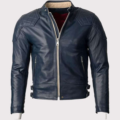 Blue Motorcycle Leather Jacket for Men - Gold Top