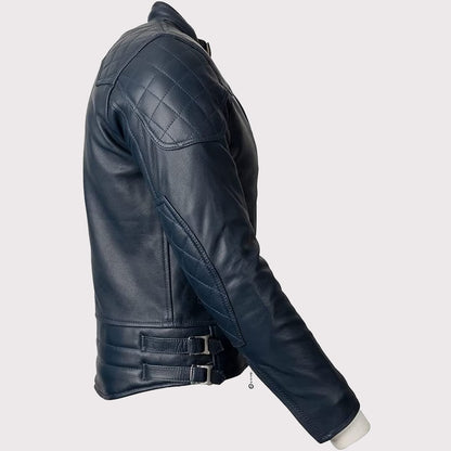 Blue Motorcycle Leather Jacket for Men - Gold Top