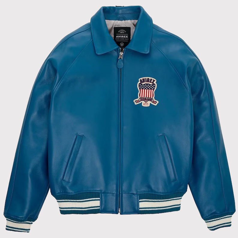 Blue USA Edition Military Bomber Leather Jacket