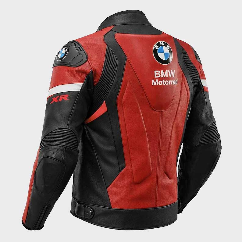 Back view of BMW Men's Cafe Racer Cowhide Motorcycle Leather Jacket showing integrated safety hump and double stitch seam detail by Jackets Kingdom
