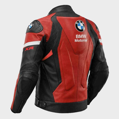 Back view of BMW Men's Cafe Racer Cowhide Motorcycle Leather Jacket showing integrated safety hump and double stitch seam detail by Jackets Kingdom