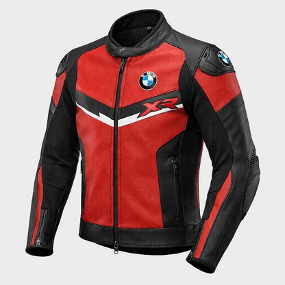 Front view of BMW Men's Cafe Racer Cowhide Motorcycle Leather Jacket showing full YKK zip closure and cafe racer styling by Jackets Kingdom