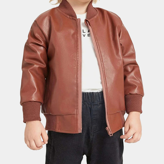 Boy Kid Brown Lambskin Leather Bomber Jacket with Satin Lining