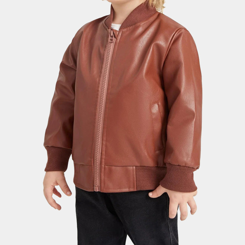 Boy Kid Brown Lambskin Leather Bomber Jacket with Satin Lining