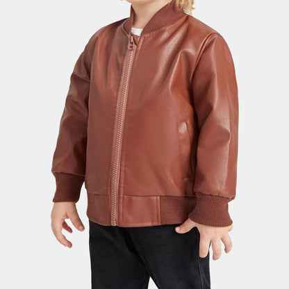 Boy Kid Brown Lambskin Leather Bomber Jacket with Satin Lining