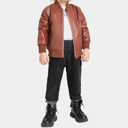 Boy Kid Brown Lambskin Leather Bomber Jacket with Satin Lining