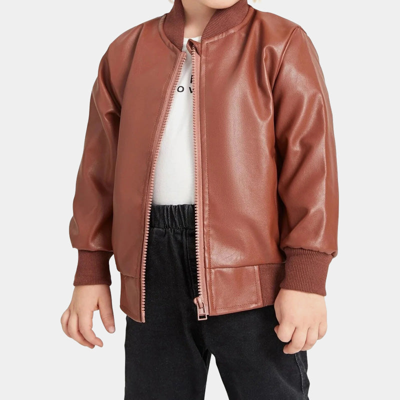 Boy Kid Brown Lambskin Leather Bomber Jacket with Satin Lining
