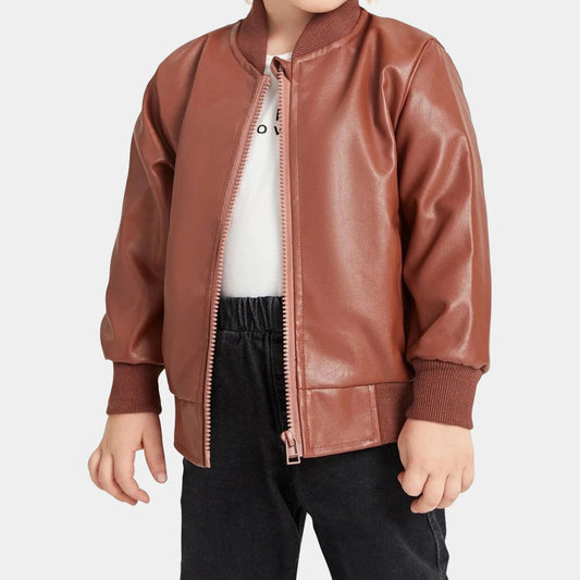 Boy Kid Brown Lambskin Leather Bomber Jacket with Satin Lining