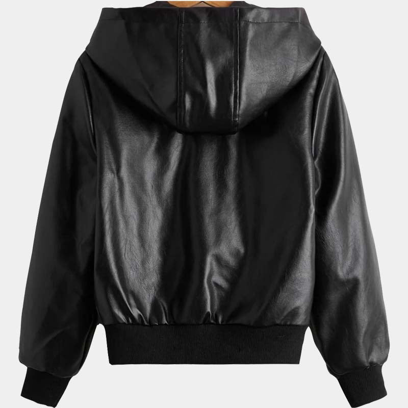 Toddler Boy Black Real Lambskin Leather Bomber Jacket With Zipper Hood And Satin Lining