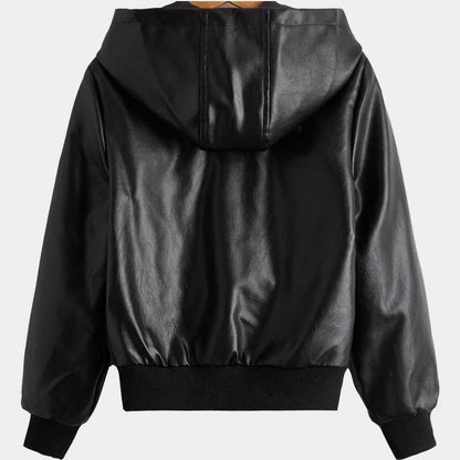 Toddler Boy Black Real Lambskin Leather Bomber Jacket With Zipper Hood And Satin Lining