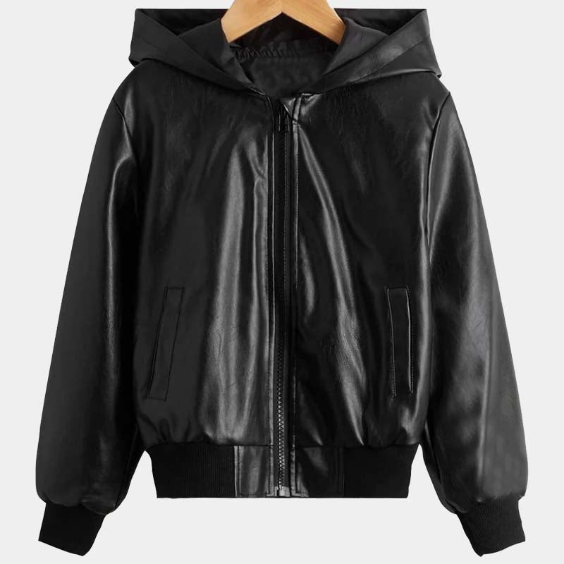 Toddler Boy Black Real Lambskin Leather Bomber Jacket With Zipper Hood And Satin Lining