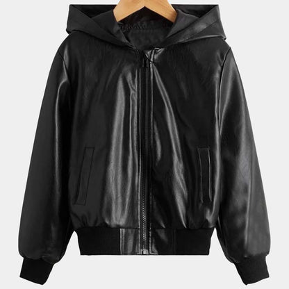 Toddler Boy Black Real Lambskin Leather Bomber Jacket With Zipper Hood And Satin Lining
