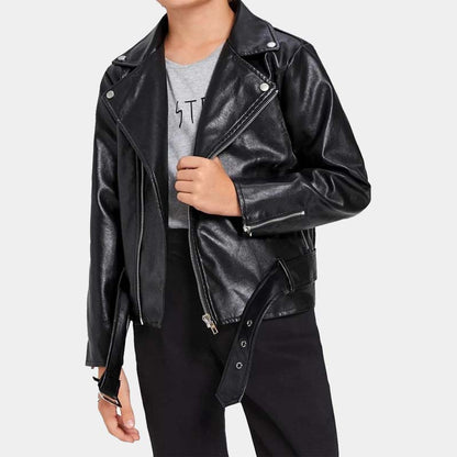 Toddler Boy Black Real Lambskin Leather Biker Jacket With Satin Lining And Moto Style